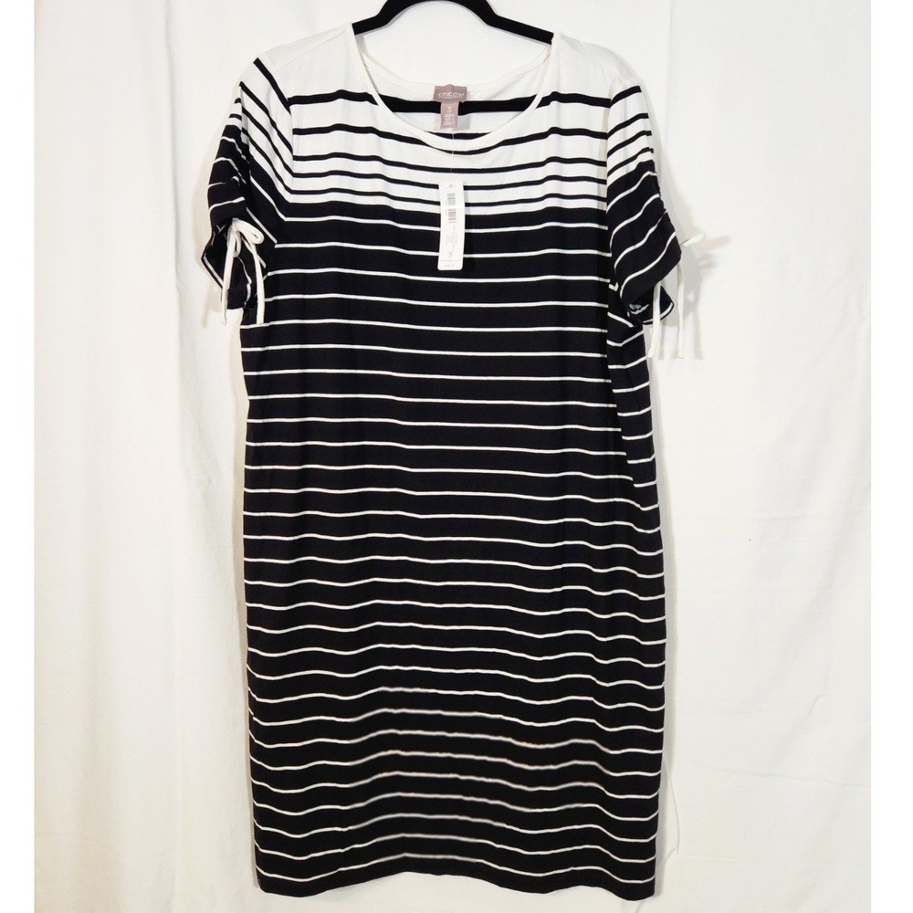 New Chicos XL $60 Black White Stripe Tie Sleeve Rayon Stretch Summer Dress